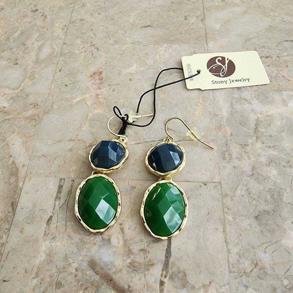 Stony Navy Blue and Green Drop Earrings
